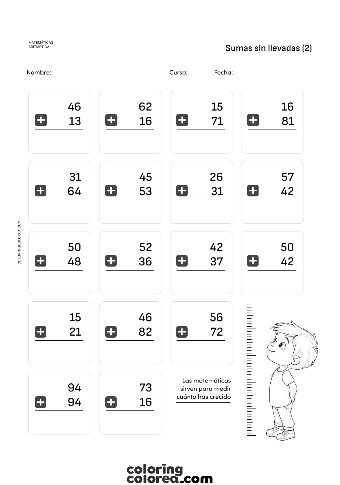 Ejercicios gratis de sumas sin llevadas. Recursos educativos de matemáticas para niños y niñas de primaria