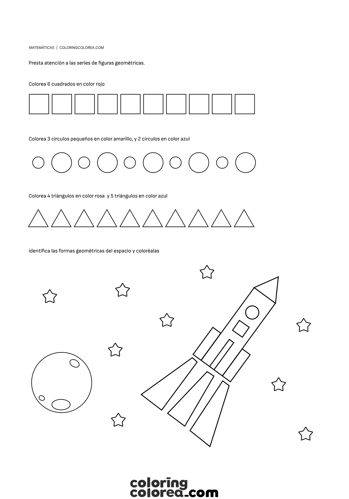 Ficha educativa con figuras geométricas. Colorea círculos, cuadrados y triángulos con este recurso educativo divertido.