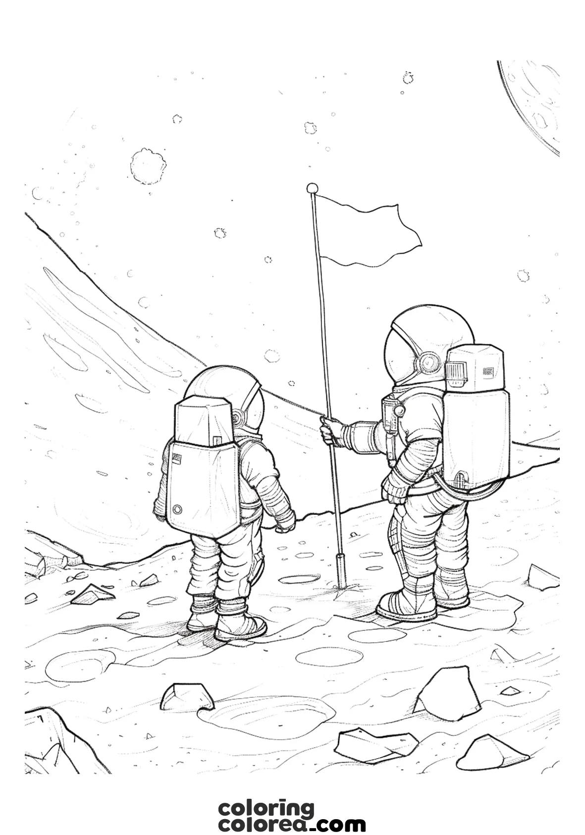 Dibujo para colorear gratis de 2 astronautas en la carrera por conquistar los planetas del espacio