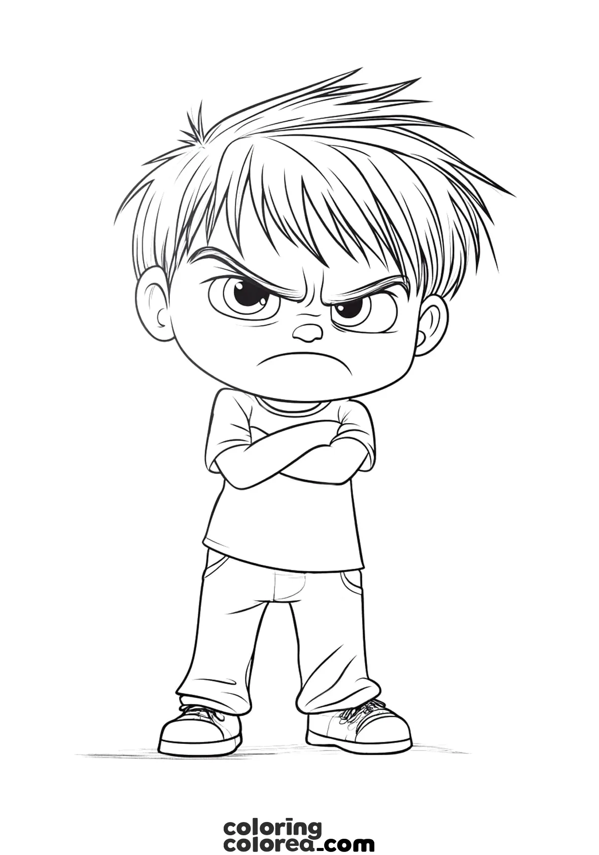 Dibujo de un niño con postura entre enfadado y resignado