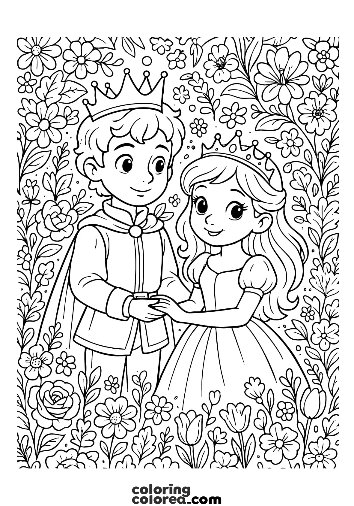 Dibujo para colorear de una romántica escanea del principe y la princesa en un marco de flores