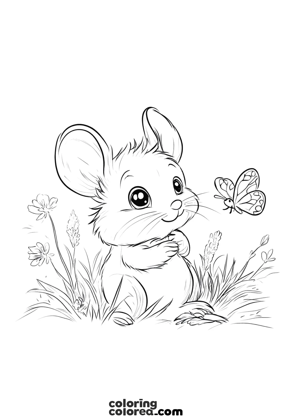 Dibujo para colorear de un raton silvestre en el campo con una mariposa