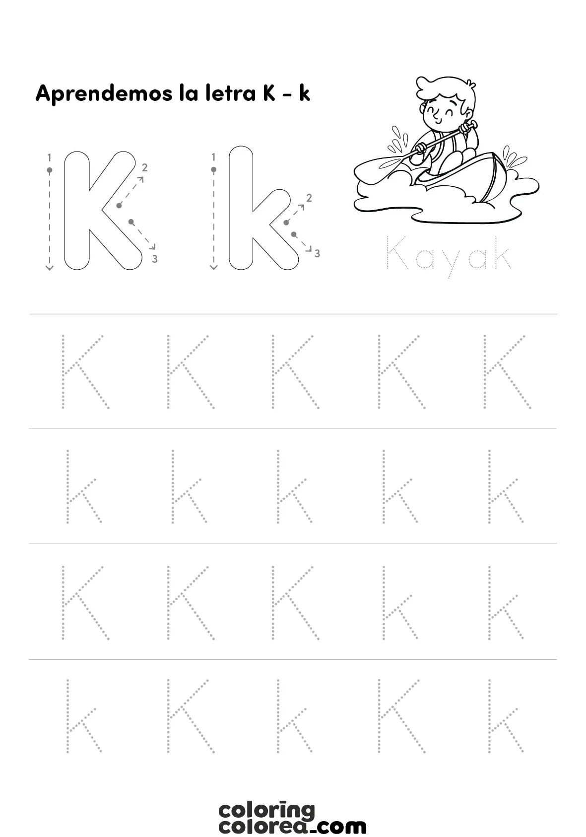 Ficha educativa. Aprendemos a trazar la letra K mayúscula y k minúscula.