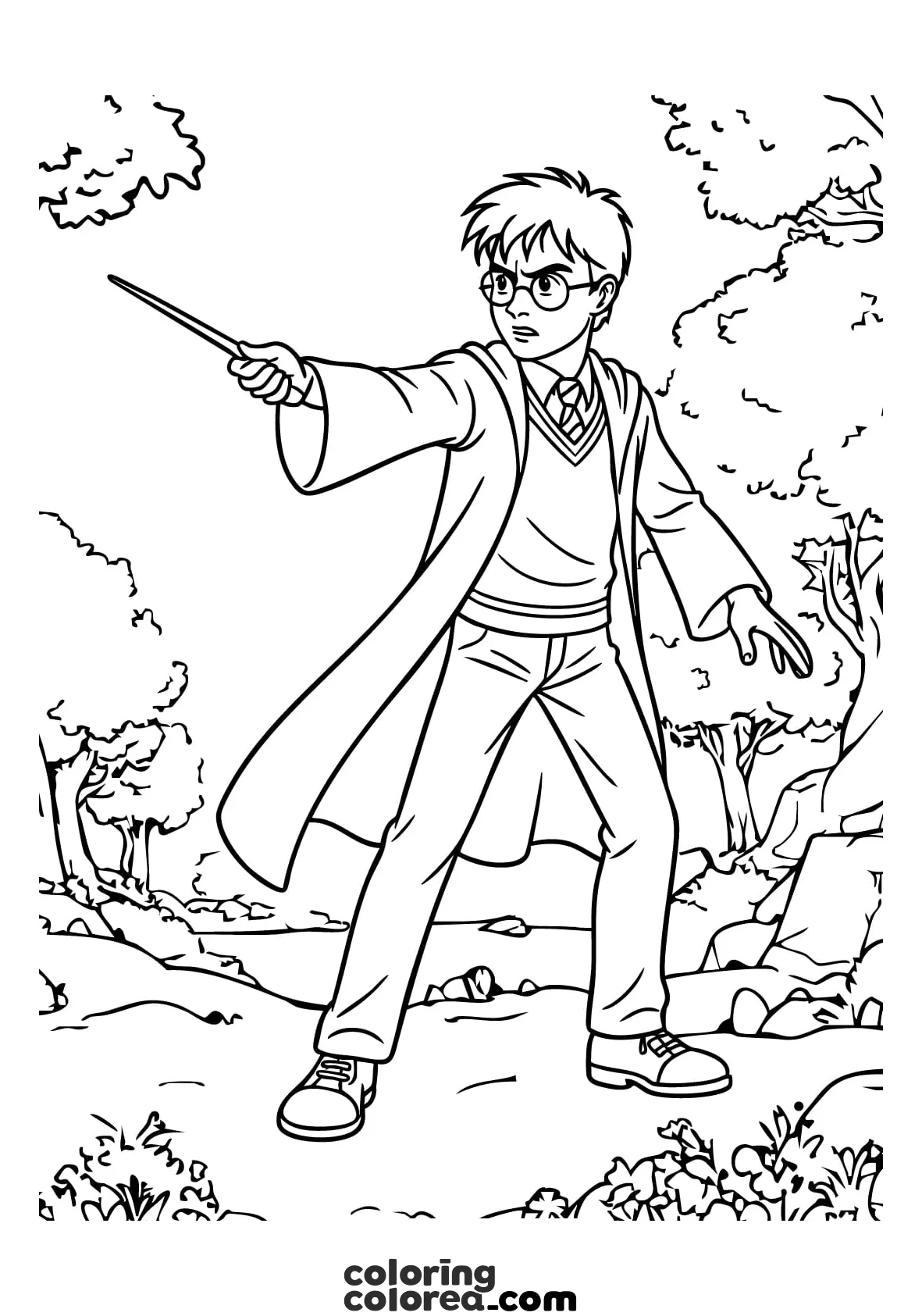 Dibujo para colorear gratis de Harry Potter haciendo un hechizo