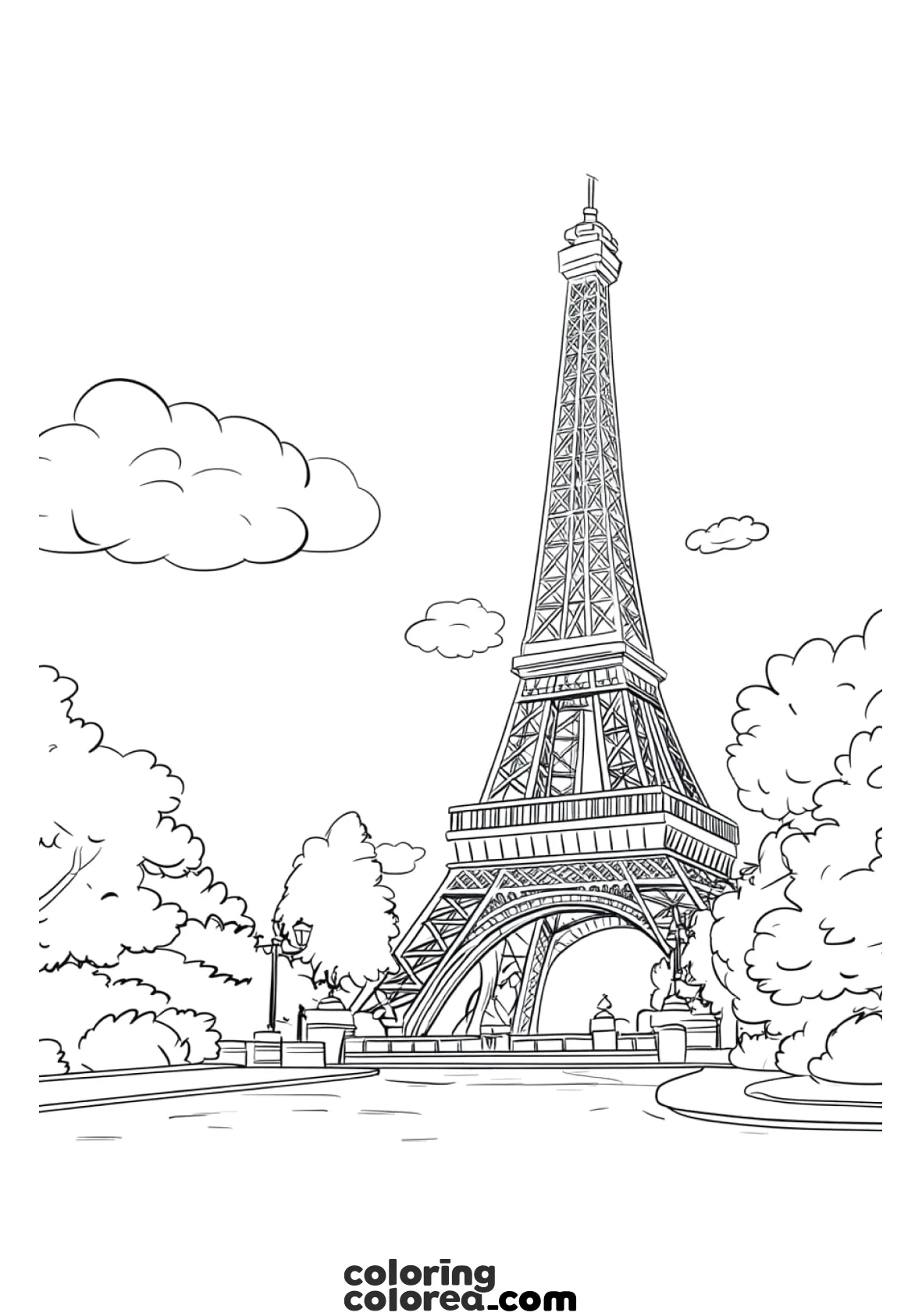 Dibujo para colorear gratis de la Torre Eiffel a orillas del rio Sena en Paris