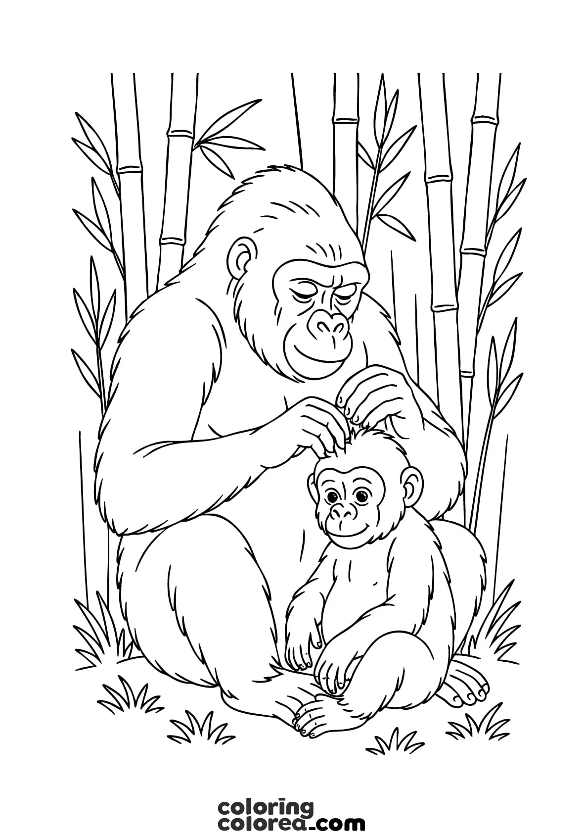 Dibujo para colorear de una Mamá Gorila y su bebé gorila