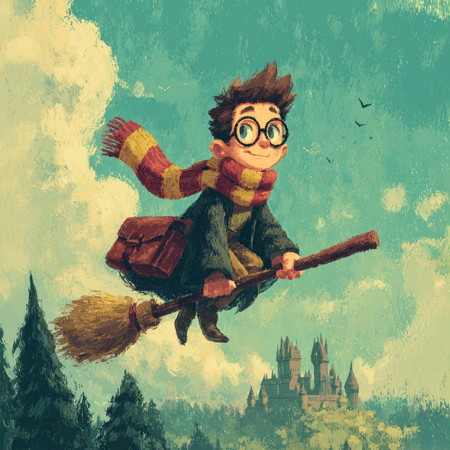 Dibujo de Harry Potter volando en su escoba