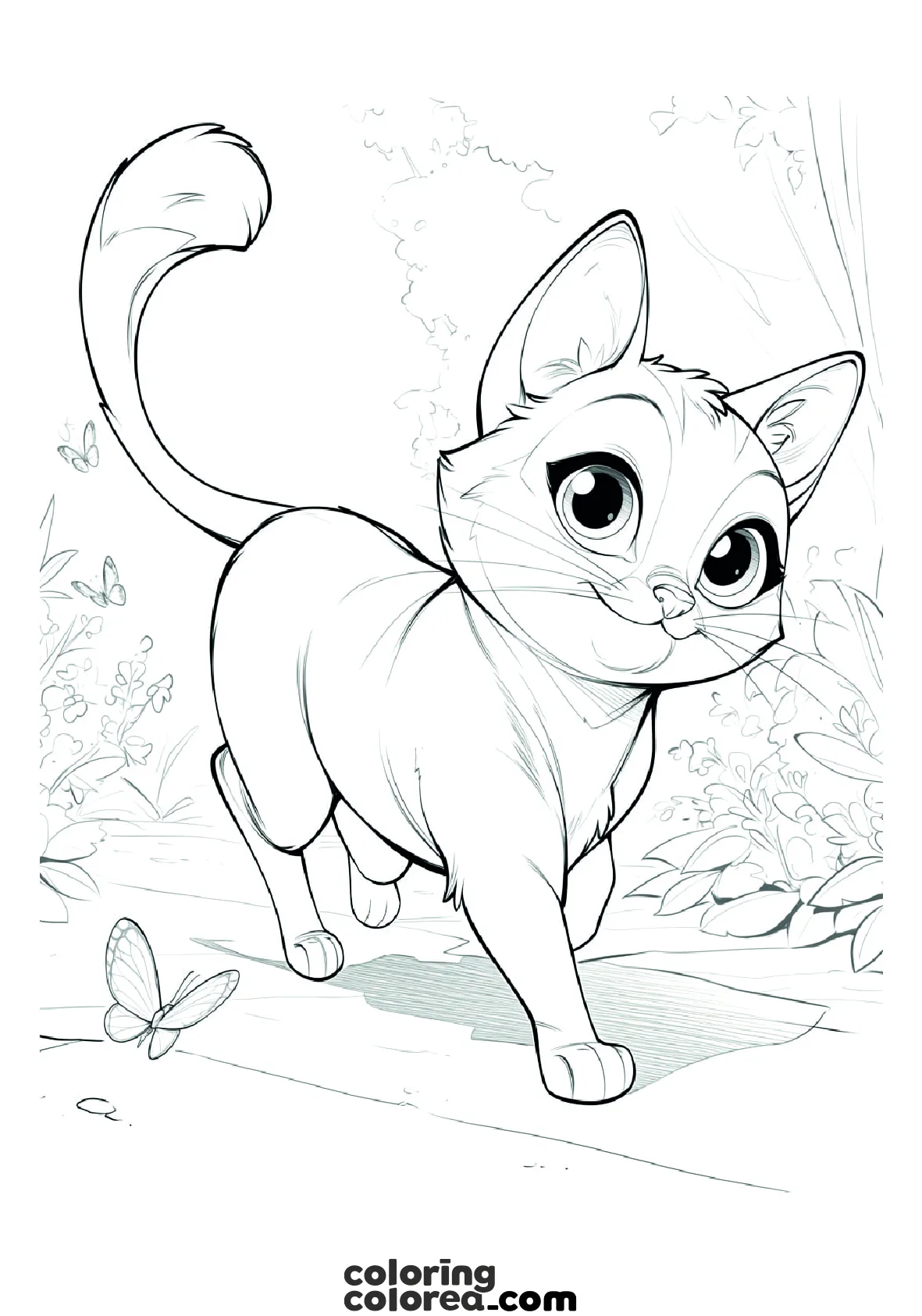 Dibujo para colorear de un gato paseando entre mariposas
