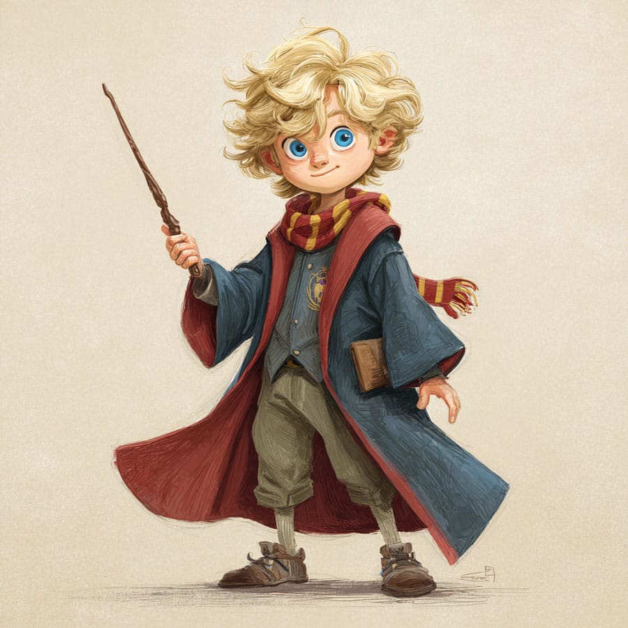 Dibujo de un niño mago con las ropas de Hogwarts de Harry Potter