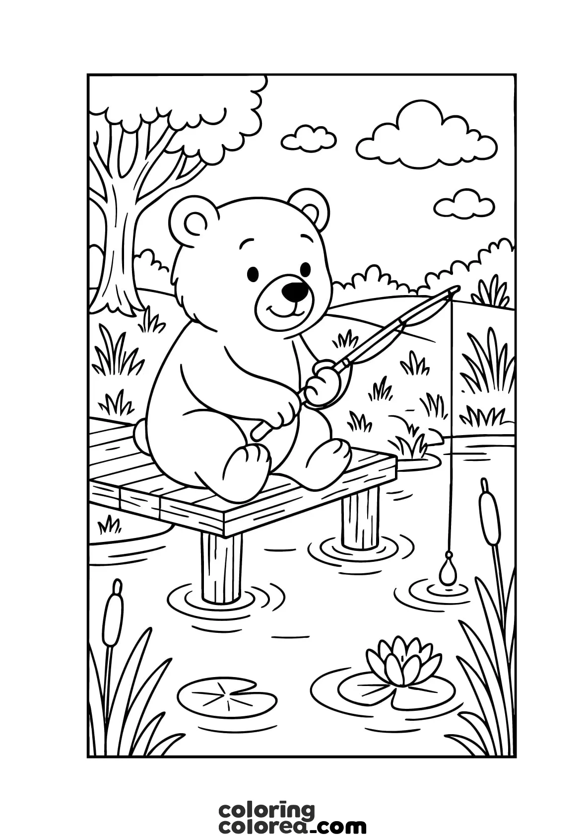 Dibujo de un adorable osito pescando