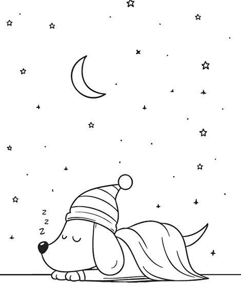 Dibujo para colorear de un perrito durmiendo bajo la luna