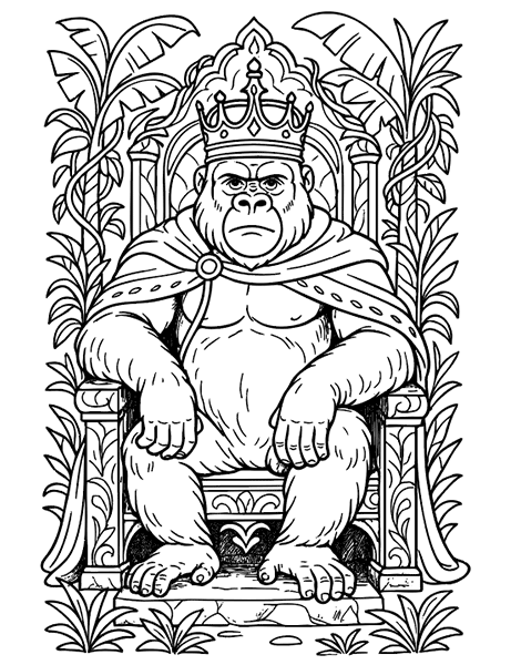 Dibujo para colorear de un gran Gorila sentado en su trono en la selva