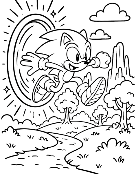 Dibujo para colorear de Sonic el erizo azul corriendo a través de un portal en un paisaje natural con árboles, camino y nubes.v
