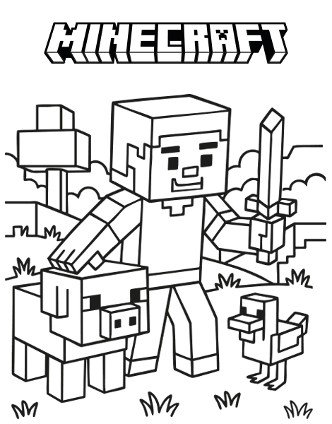 Dibujo para colorear gratis de Steve con su cerdo y pato en Minecraft