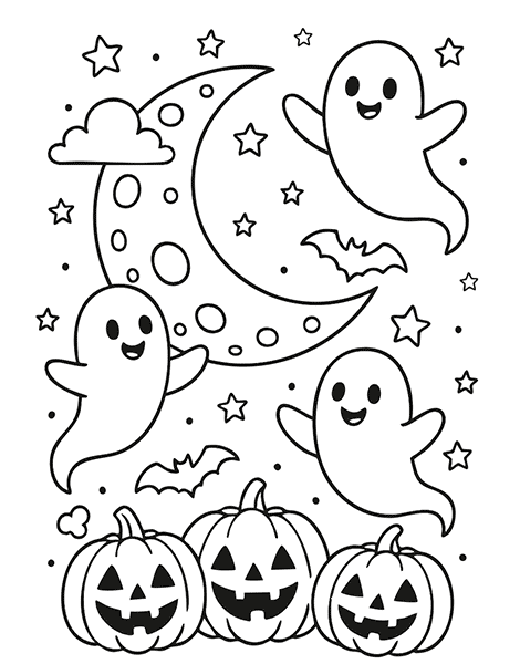 Dibujo de personajes de Halloween divertidos para colorear gratis: fantasmas, vampiros y calabazas que no dan miedo