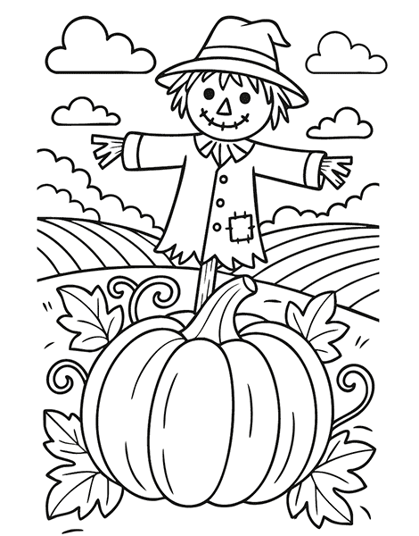 Dibujo otoñal para colorear: un espantapájaros en un campo de calabazas