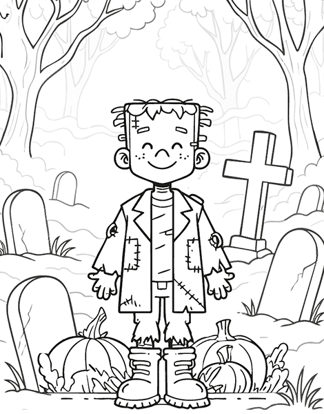Dibujo para colorear de un niño disfrazado de Frankenstein en un escenario de Halloween