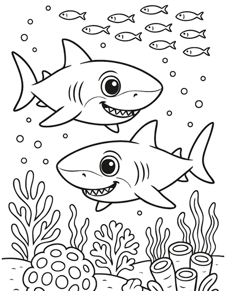 Dibujo para colorear de 2 tiburones en el fondo del mar