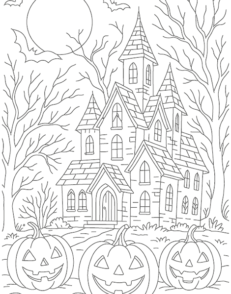 Dibujo para colorear de una casa encantada en Halloween