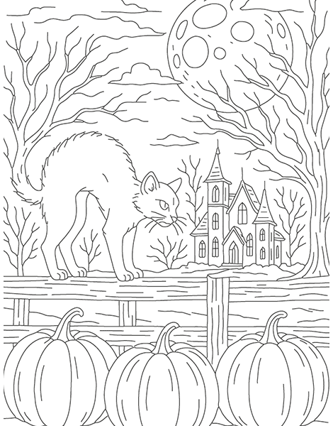 Dibujo para colorear de un gato erizado en la noche de Halloween
