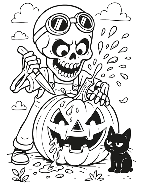 Dibujo para colorear de una esqueleto tallando una calabaza ds Halloween