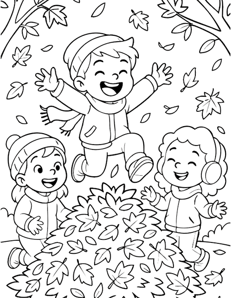 Dibujo para colorear de niños jugando con hojas en otoño