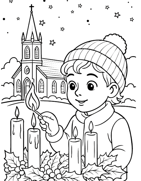 Dibujo para colorear gratis de un niño encendiendo velas en Navidad