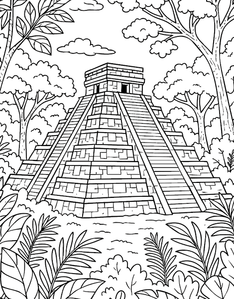 Explora el misterio de la antigua civilización maya con esta detallada página para colorear que muestra una majestuosa pirámide rodeada de selva tropical. Ideal para niños y adultos que aman la historia y la cultura.