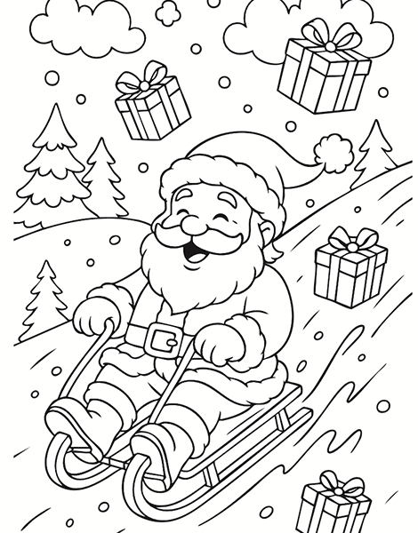 Dibujo para colorear de un divertido paseo navideño en trineo con Papá Noel