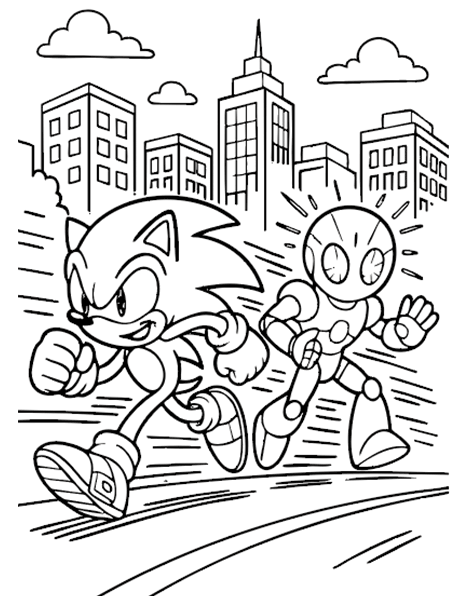 Dibujo para colorear de Sonic perseguido por un robot Badnik del Dr. Eggman