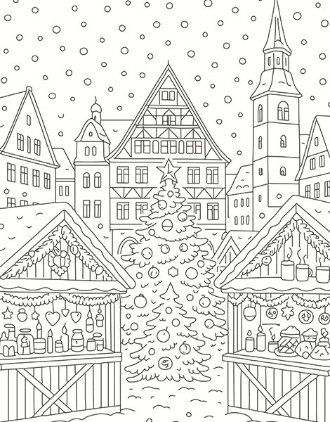 Dibujo para colorear de un encantador pueblo navideño