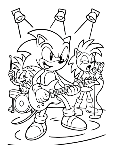 Dibujo para colorear gratis de Sonic tocando la guitarra en un concierto de rock.