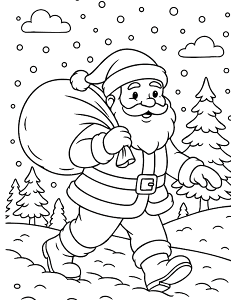 Dibujo para colorear gratis de Papá Noel con barba y traje rojo caminando en la nieve con un gran saco al hombro.
