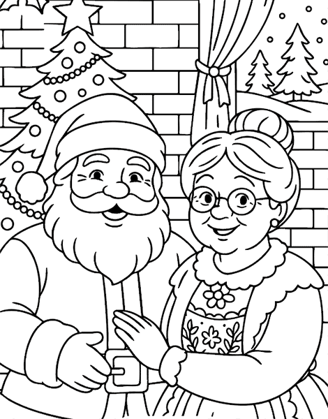 Dibujo para colorear gratis de Papá Noel y Mamá Noel en Navidad