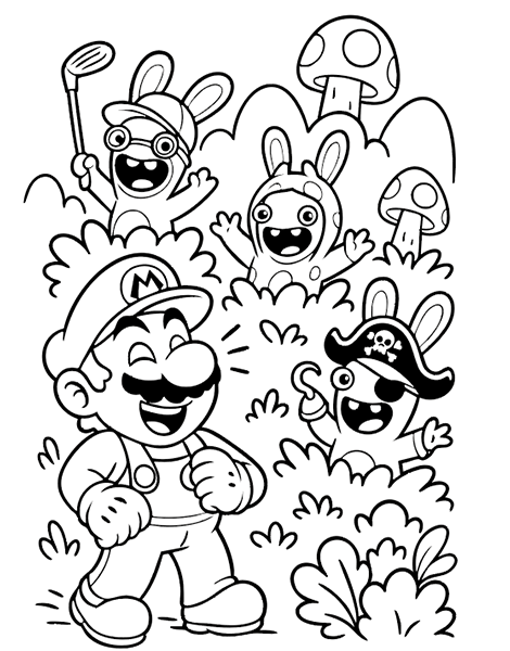 Dibujo para colorear de Mario con varios Rabbids divertidos y locos