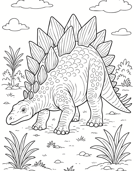 Dibujo para colorear de un gran dinosaurio prehistórico: el stegosaurio