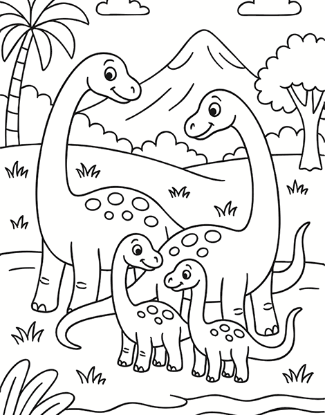 Dibujo para Colorear de Familia de Dinosaurios Braquiosaurios